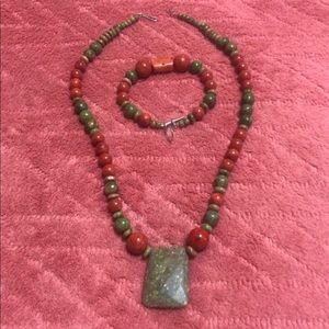 Beautiful genuine Unikite/Coral necklace & bracelet set. $150